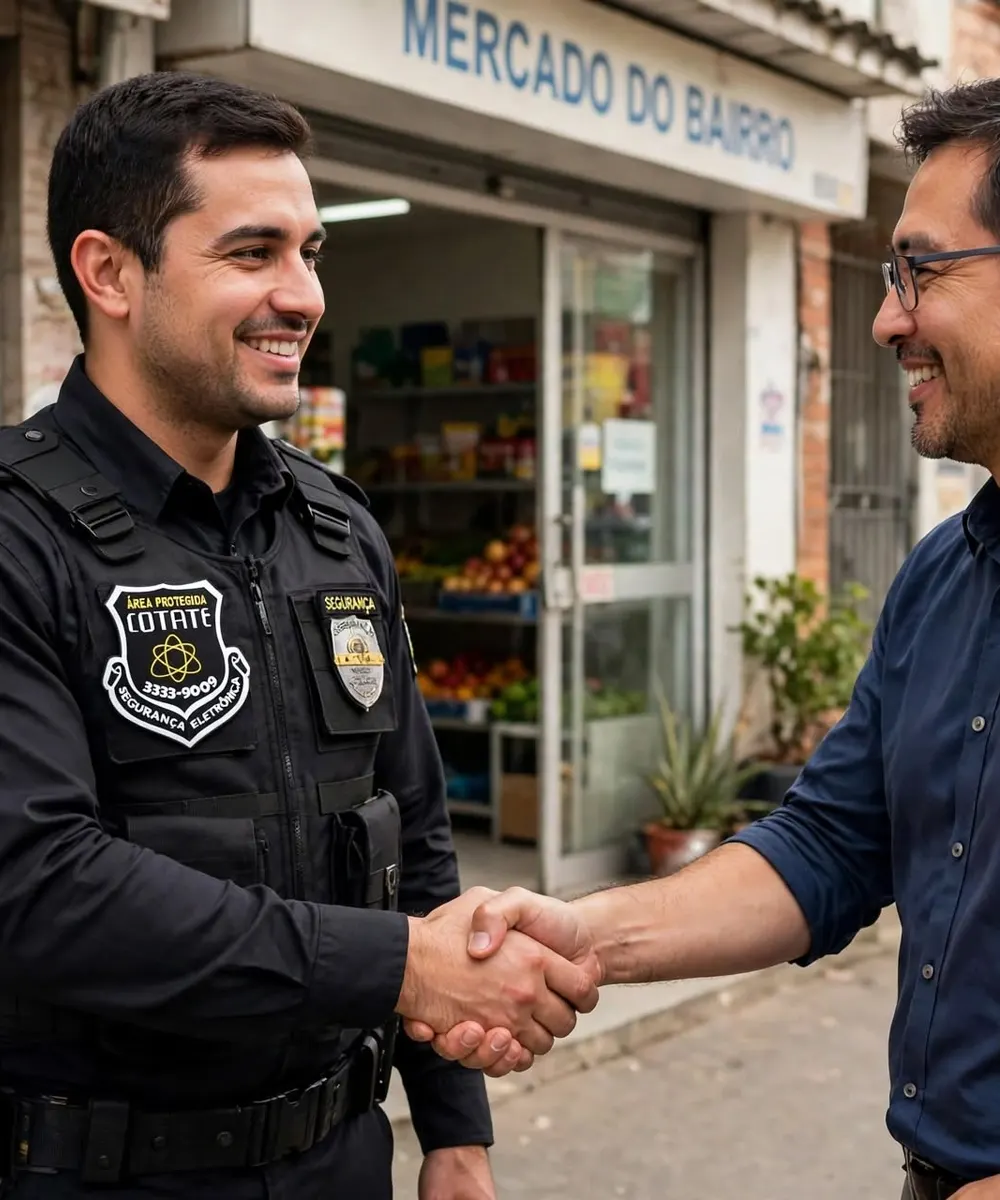 Segurança cumprimentando o dono de um mercado de bairro